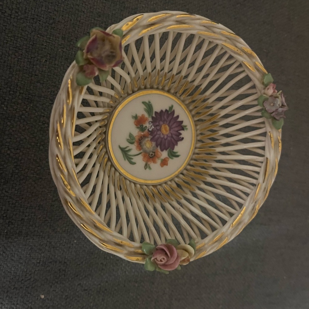 Miniature Floral Porcelain Basket with Gold Accents